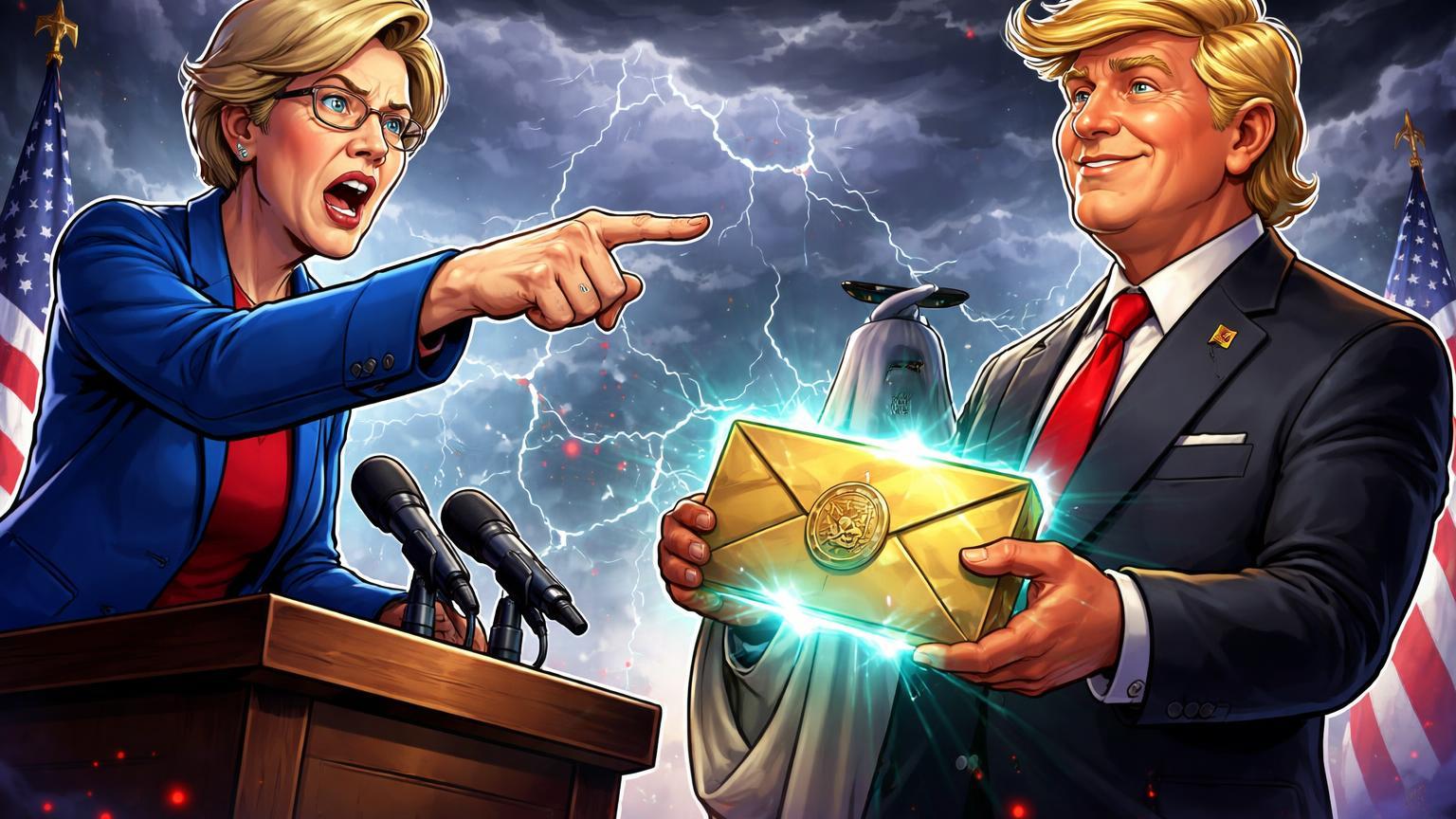 Senadora cartoon acusando empresario com envelope secreto árabe sobre firma cripto, ilustrando riscos regulatórios e geopolíticos no mercado