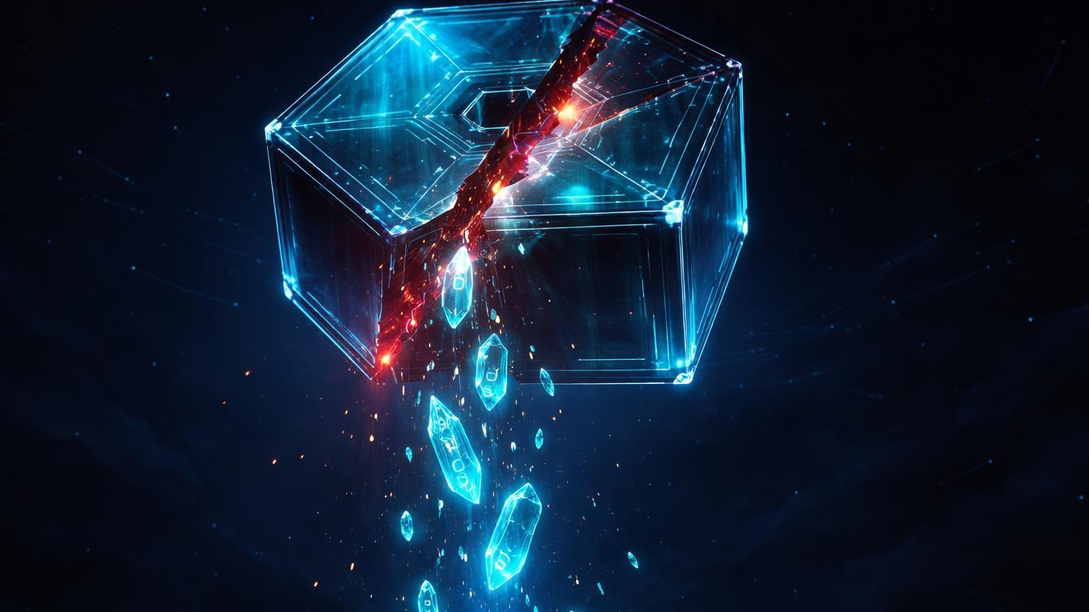 Cofre tesouraria DeFi hexagonal rachado com cristais SOL vazando em cascata vermelha, ilustrando hack de US$27M na Step Finance