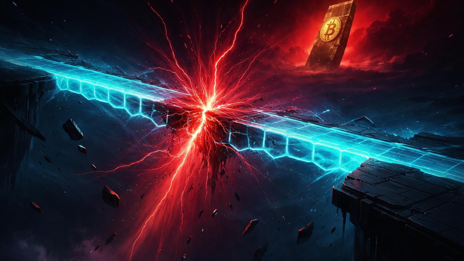 Ponte digital cyan com fissura vermelha emitindo ondas de choque e monolito Bitcoin inclinado, simbolizando exploit na CrossCurve e queda abaixo de 80k
