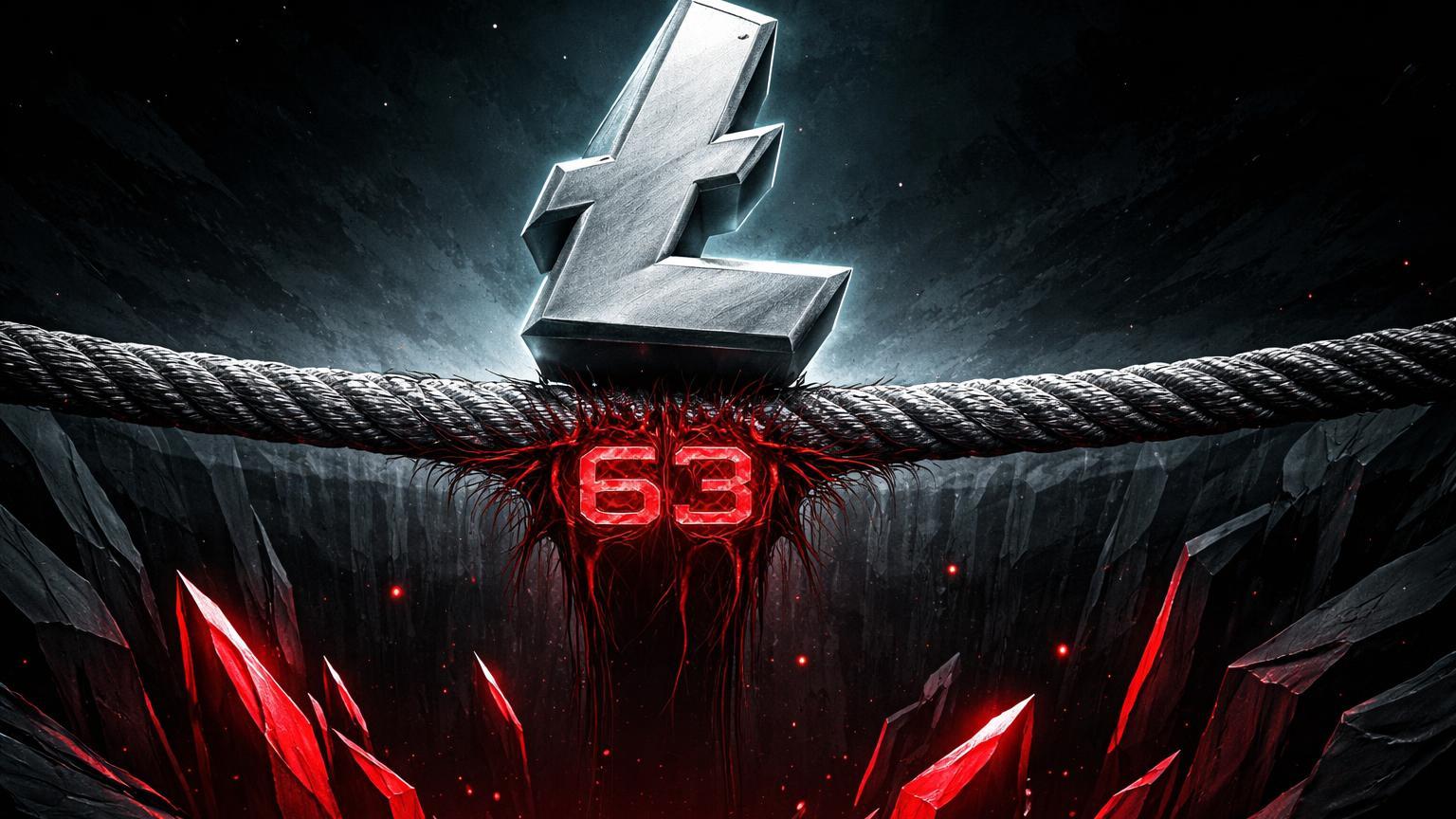 Corda bamba prateada com prisma Litecoin no centro e marca 63 sob tensão sobre abismo digital, testando suporte histórico crucial