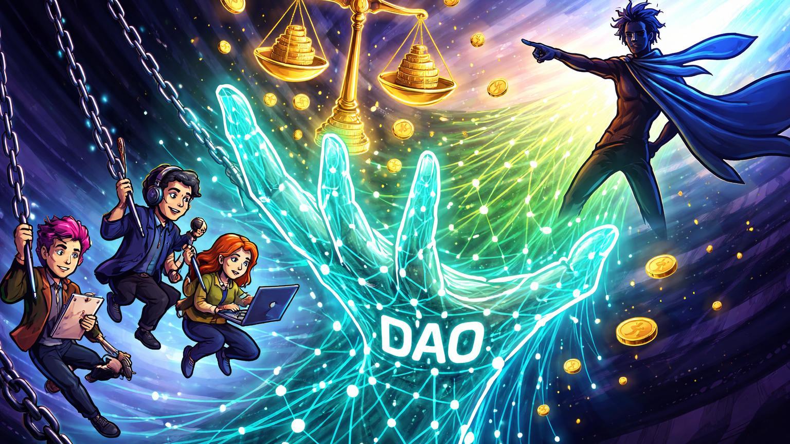 Criadores cartoon elevados por rede DAO luminosa de circuitos cyan, com balanças preditivas recompensando, proposta de Vitalik para Creator Economy