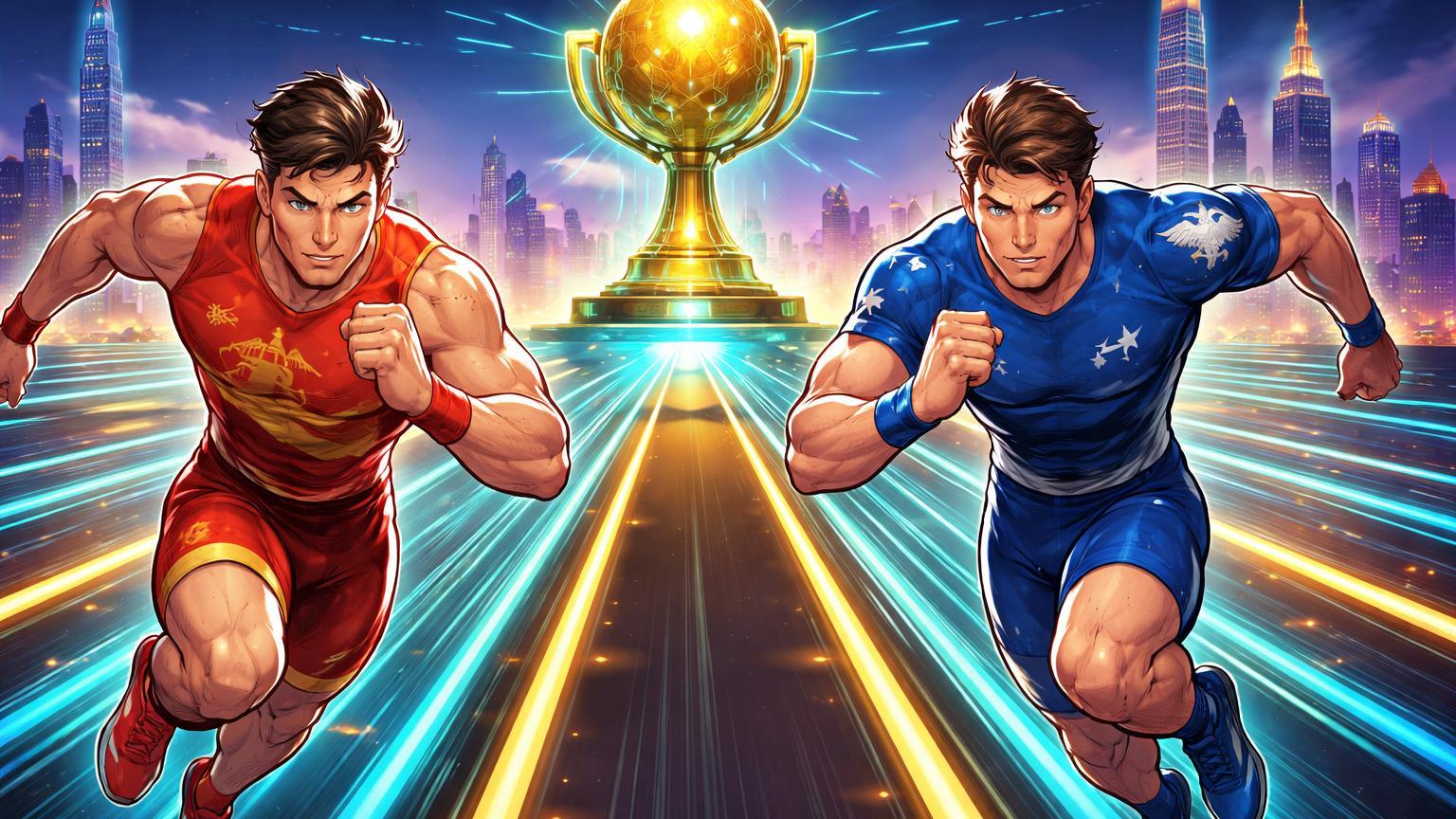 Corredores cartoon de Hong Kong e EUA disputando troféu hub cripto em pista digital, simbolizando corrida global por capital institucional