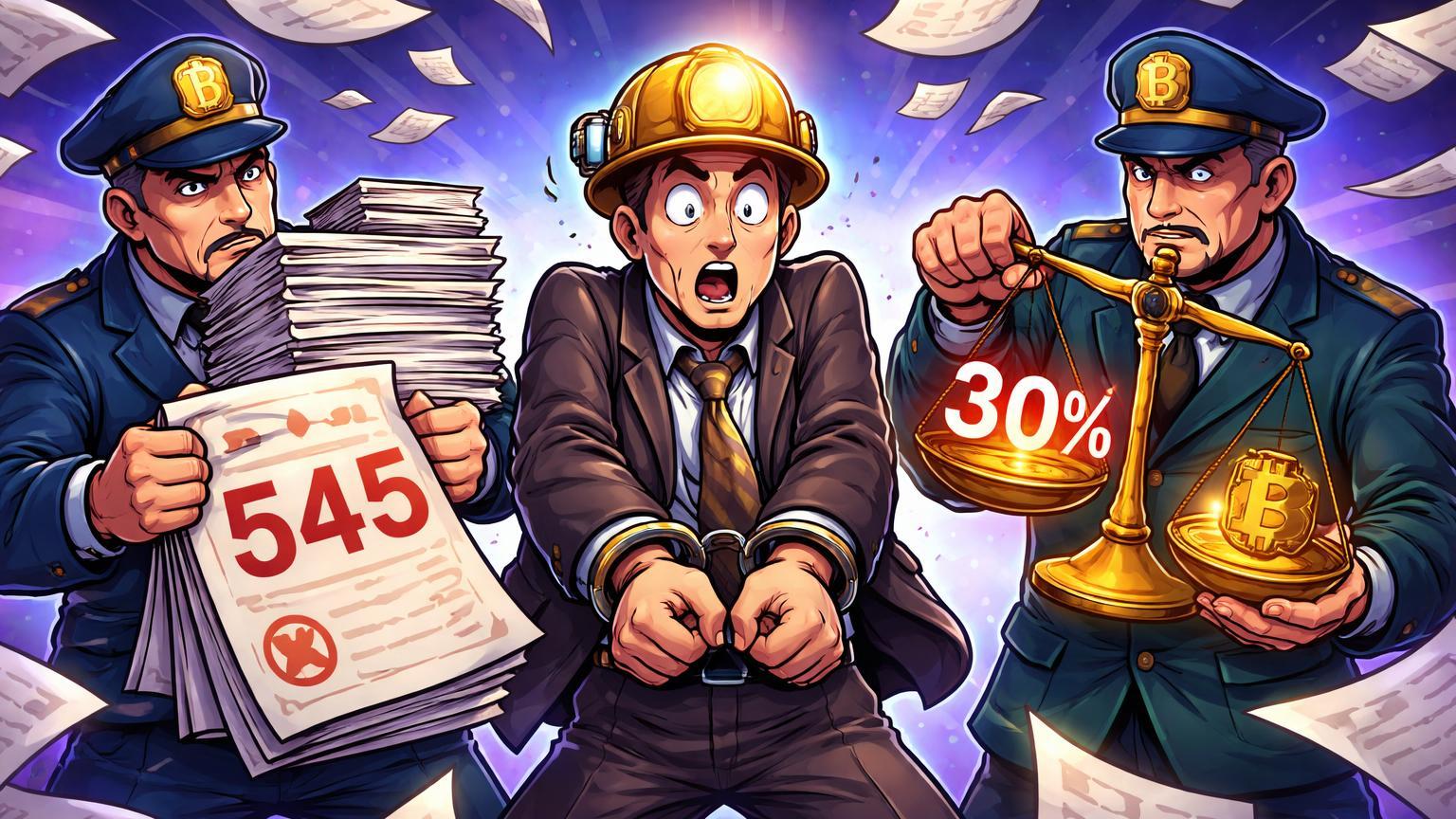 CEO cartoon de mining algemado por agentes fiscais com multas '545' e imposto '30%', alertando rigidez regulatória na Índia e Rusya