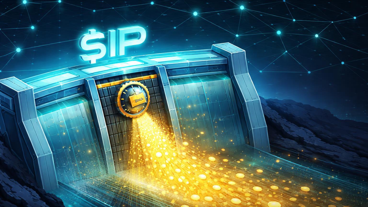 Barragem isométrica translúcida represando tokens dourados com '$IP' gravado, rede blockchain esparsa ao fundo, ilustrando adiamento de unlock do Story Protocol
