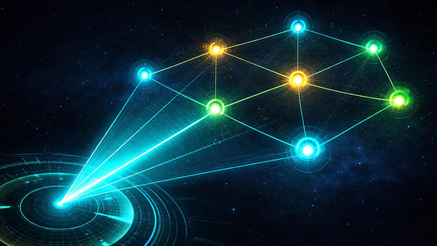 Radar cibernetico detectando 9 orbes luminosos em constelacao neon, simbolizando criptomoedas promissoras no radar de especialistas para fevereiro