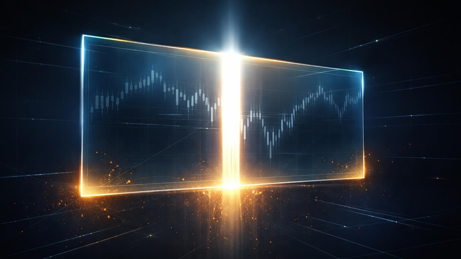 Placa glassmorphic translúcida com gap vertical luminoso no centro, simbolizando abertura técnica de 8% no CME Bitcoin após limpeza de alavancagem