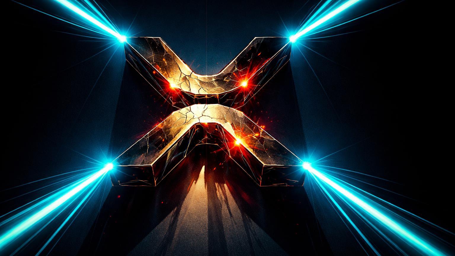 Cristal XRP bold com rachaduras vermelhas escaneado por quatro feixes cyan de IAs, simbolizando previsões preocupantes de preço após queda