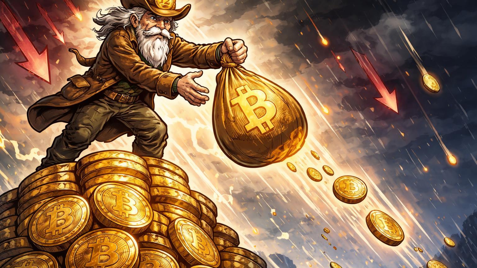 Holder cartoon antigo soltando saco de Bitcoin dourado de pilha colossal em meio a nuvens de tensão e chuva de ouro, sinalizando alerta de vendas e liquidações