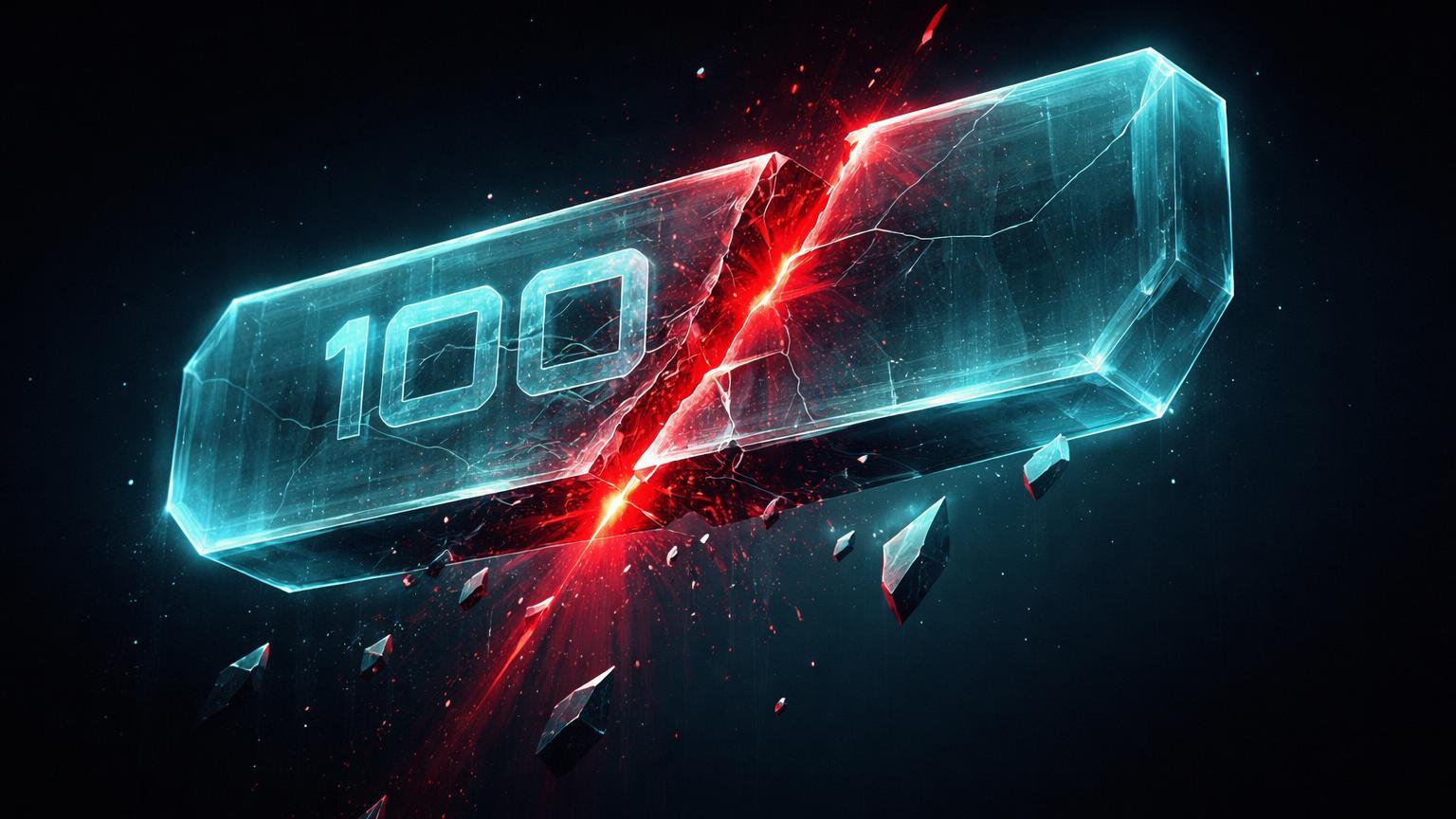 Barreira cristalina digital rachando com luz vermelha e '100' quebrado, simbolizando perda do suporte EMA 100 semanas no XRP