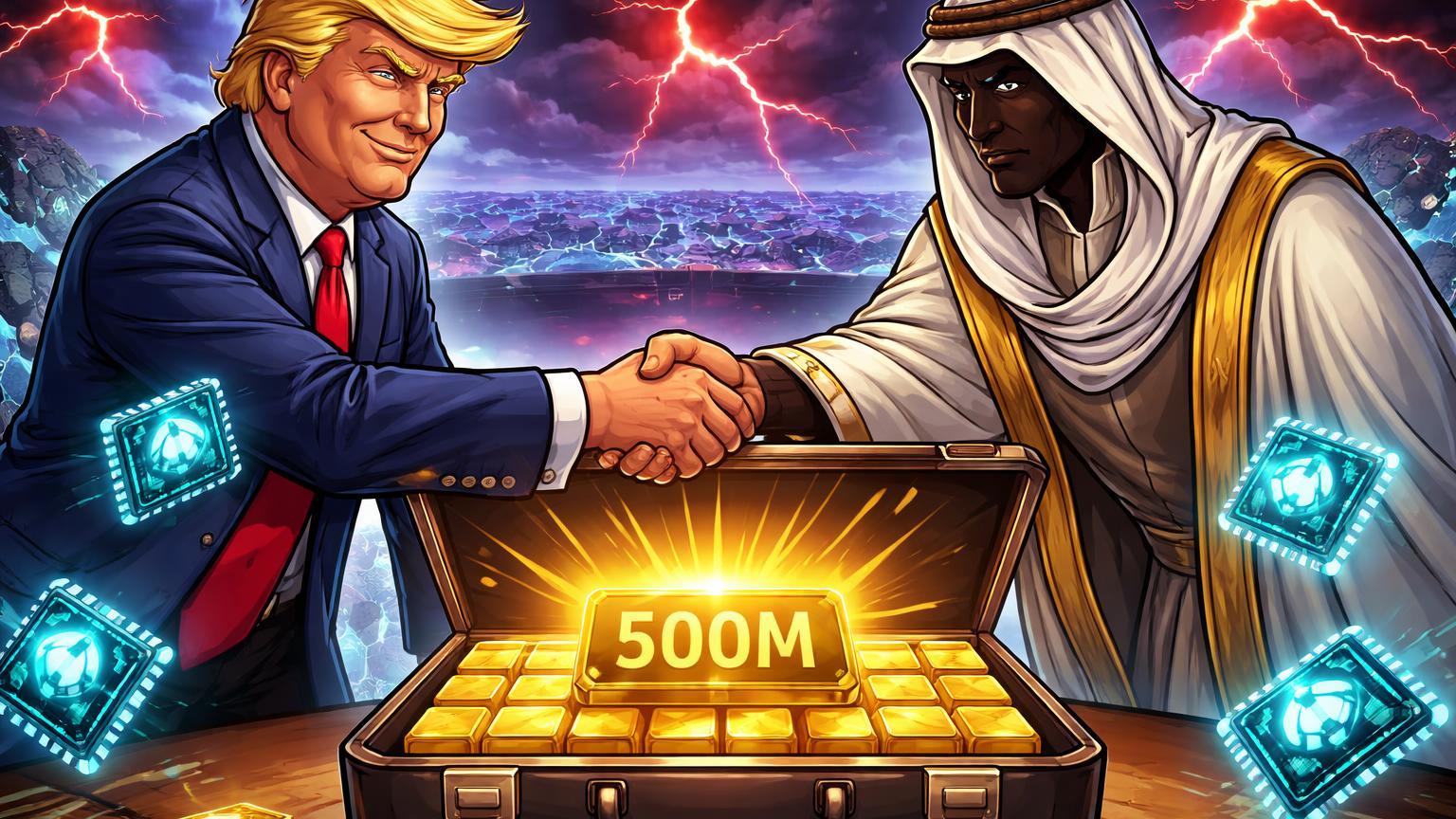 Personagens cartoon estilizados de Trump e entidade EAU em handshake sobre maleta de 500M em cripto e chips IA, com nuvens regulatórias ao fundo, ilustrando escândalo político