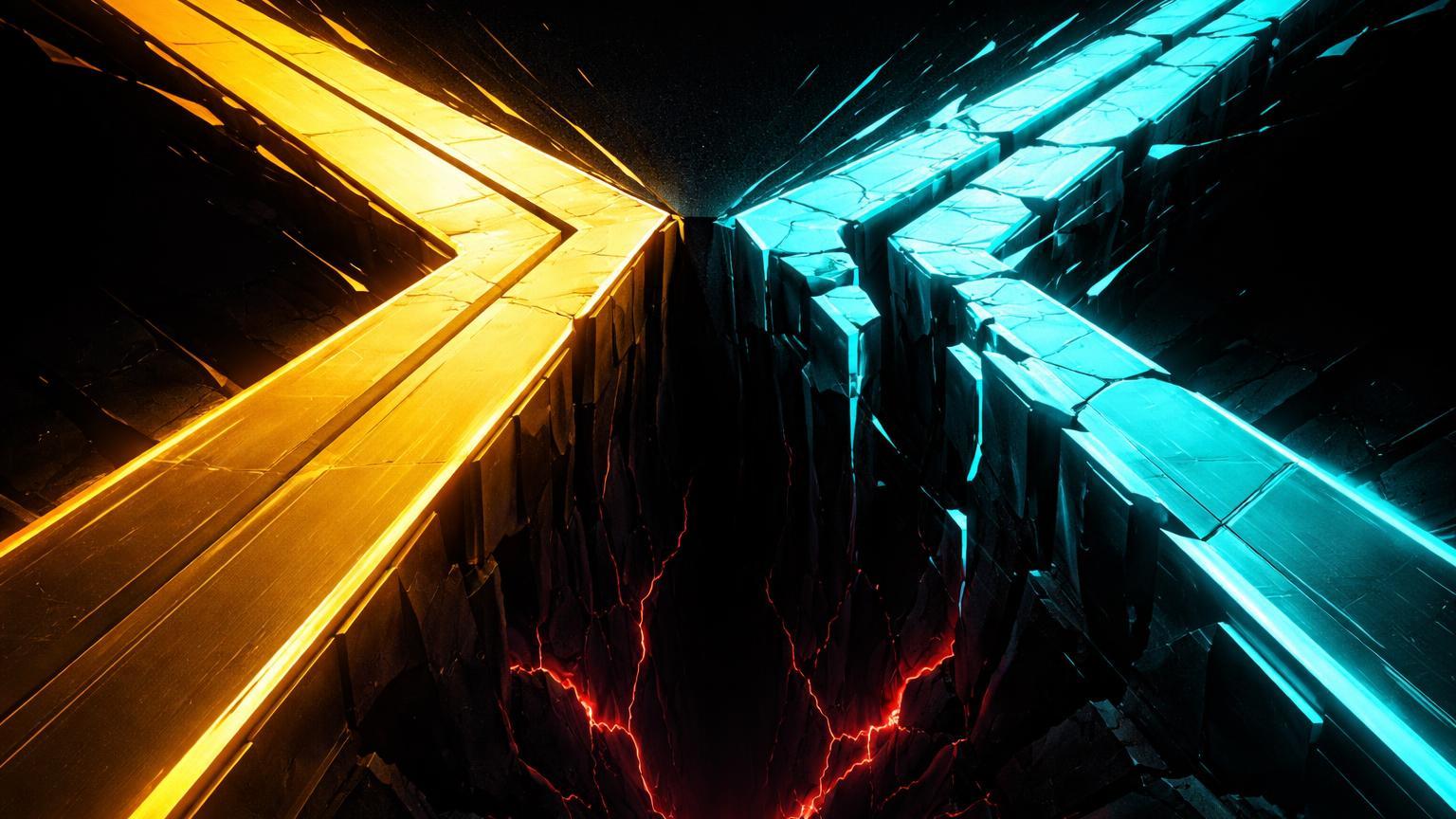 Caminhos geométricos bold dourado e cyan divergindo em abismo negro com rachaduras vermelhas, simbolizando descolamento entre Bitcoin e ouro