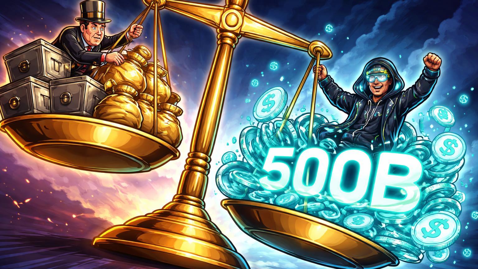 Balança desequilibrada com stablecoins cyan superando cofres bancários dourados e '500B' luminoso, alertando perda de depósitos segundo Standard Chartered