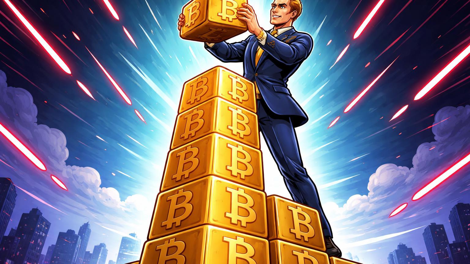 Executivo cartoon estilizado empilhando blocos dourados de Bitcoin em torre crescente, ignorando raios vermelhos de prejuízo, simbolizando resiliência de Saylor na adoção institucional