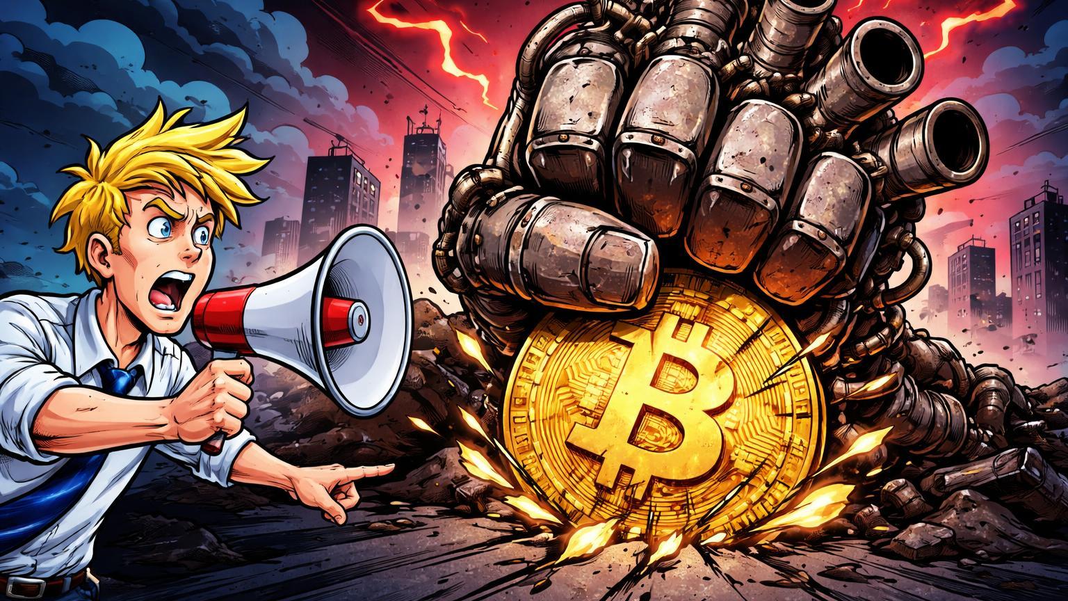 Analista cartoon com megafone alertando sobre punho macro esmagando Bitcoin, simbolizando crise de liquidez nos EUA por Raoul Pal