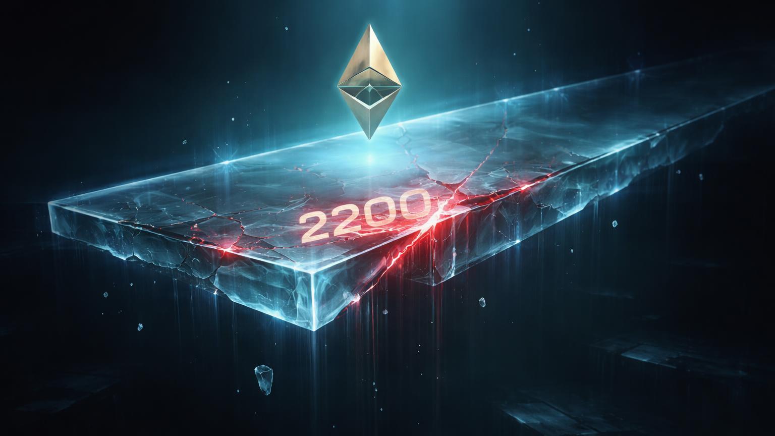 Plataforma glassmórfica frágil com ETH e 2200 rachando sobre abismo digital, simbolizando teste de suporte em meio a medo extremo no Ethereum