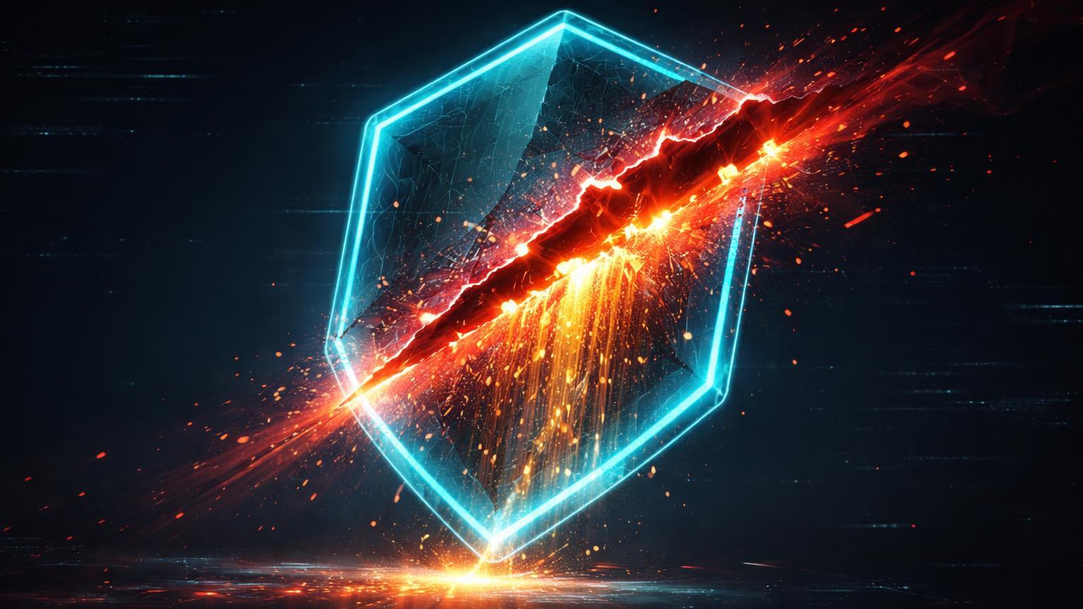 Escudo hexagonal digital rompido com brecha vermelha expelindo partículas douradas, simbolizando hack de US$ 3 milhões na CrossCurve DeFi