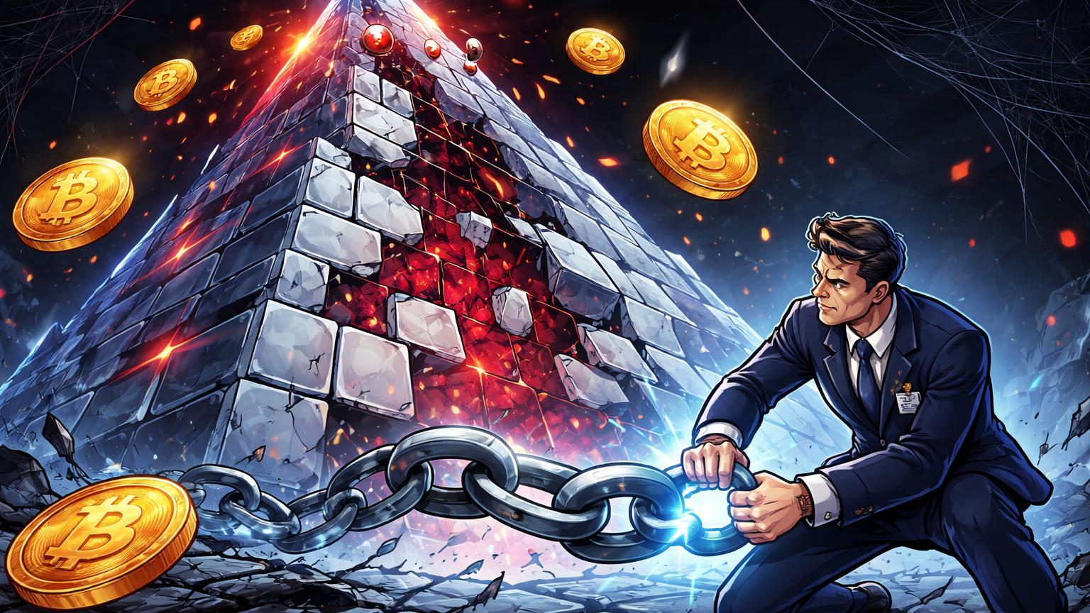 Pirâmide fraudulenta desmoronando com oficial cartoon algemando base e moedas BTC caindo, ilustrando roubos e prisões no setor cripto