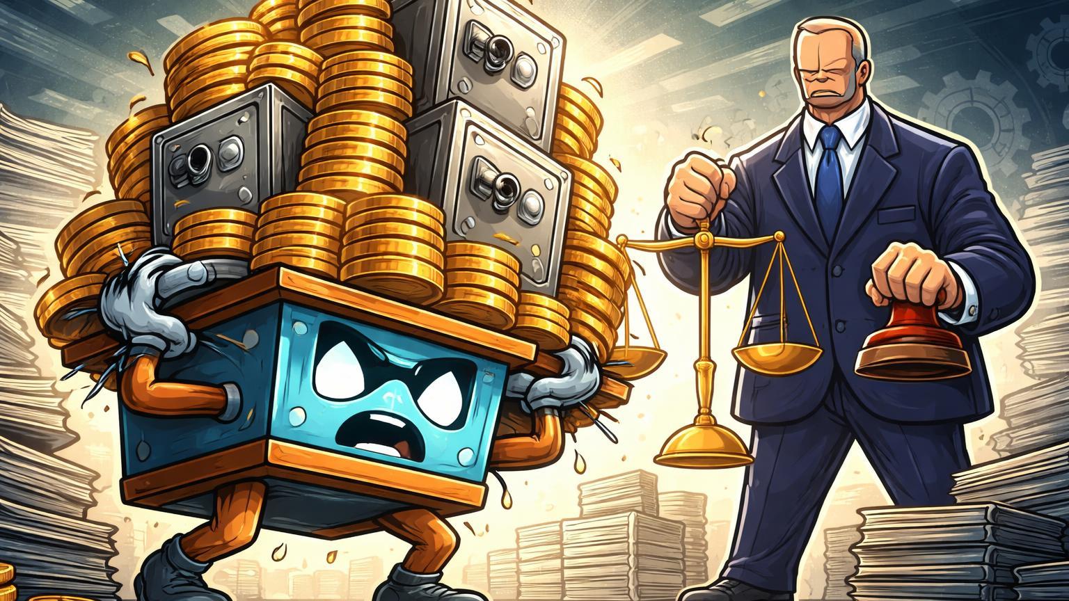 Exchange cartoon sobrecarregada com pilha de capital sob supervisão regulatória do Banco Central, representando novas regras rigorosas para cripto no Brasil