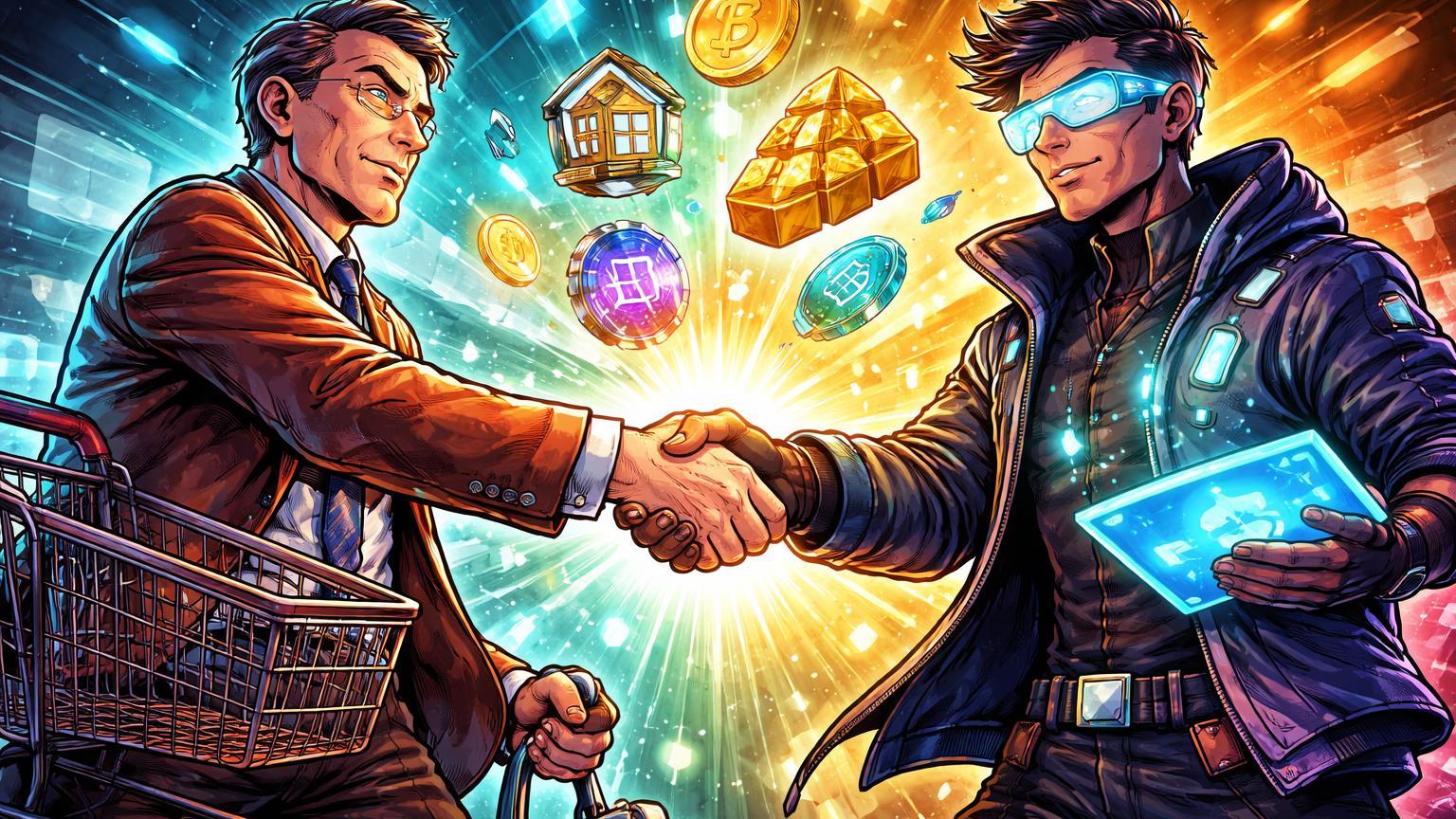 Personagens cartoon de varejo desgastado e tech unindo mãos para liberar tokens de ativos reais, simbolizando aquisição Bed Bath & Beyond de Tokens.com para RWAs