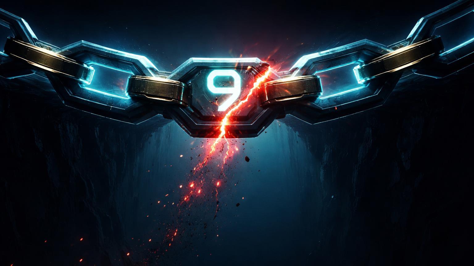 Ponte cibernética estilizada com rachadura vermelha no elo '9', representando Chainlink testando suporte após queda de 21%