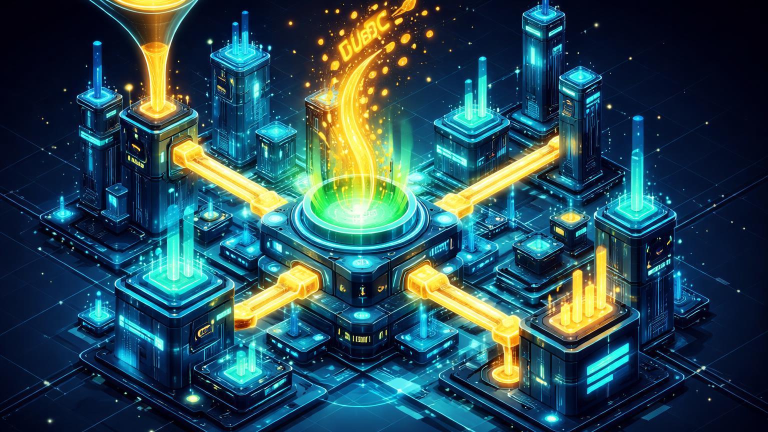 Estrutura isométrica Solana elevando-se com influxo de líquido USDC dourado em Jupiter, simbolizando injeção de US$750M e alta liquidez DeFi