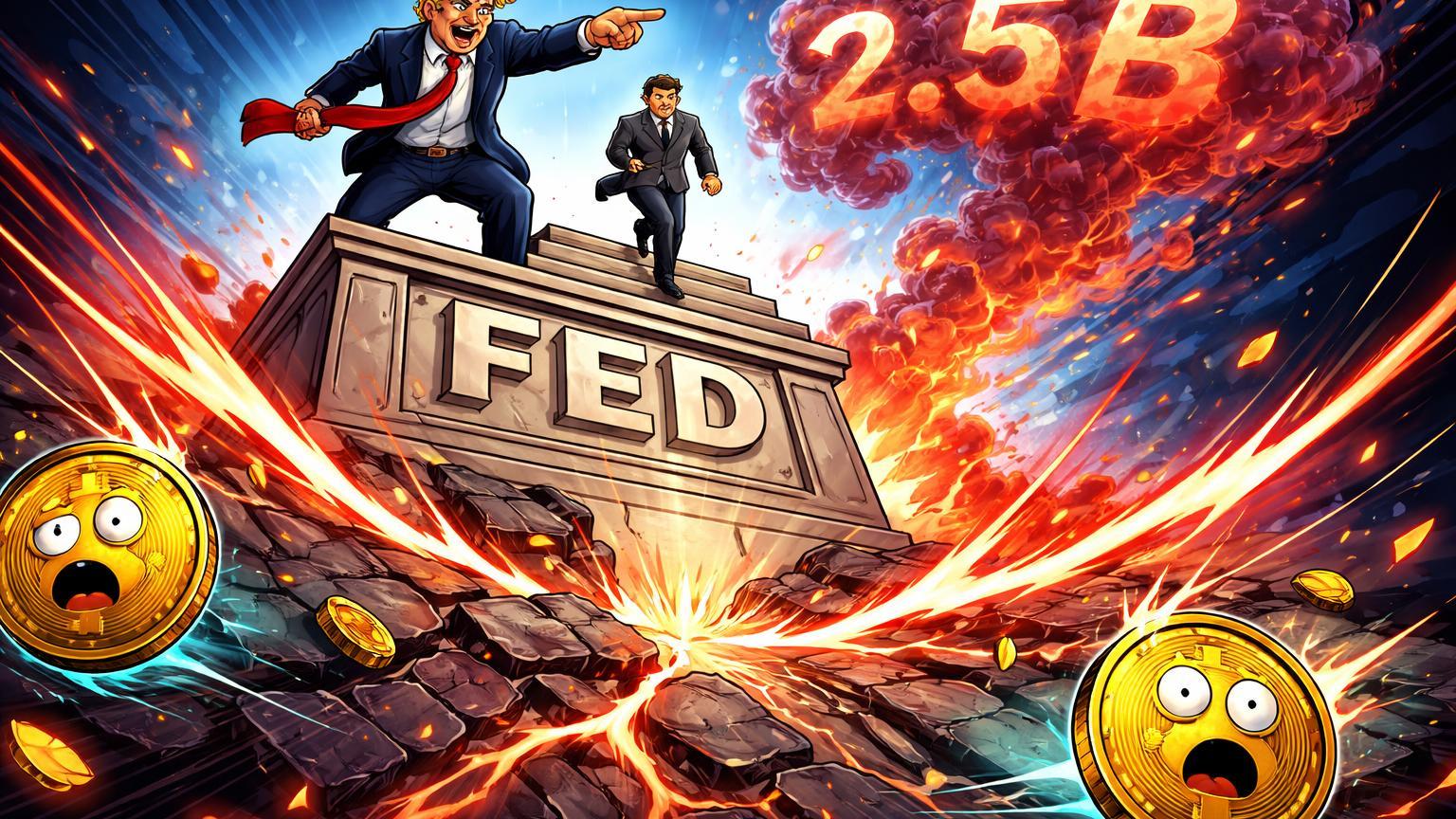 Figuras políticas cartoon nomeando presidente Fed, gerando ondas de choque que derrubam moedas Bitcoin em liquidações massivas