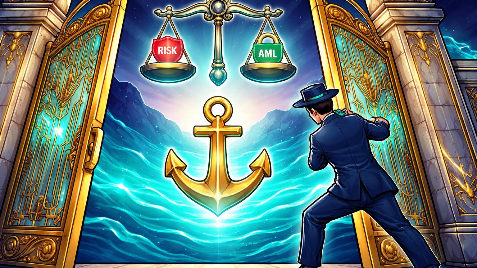 Regulador cartoon abrindo portões de mármore para âncora stablecoin equilibrada em balança, simbolizando licenças reguladas em Hong Kong