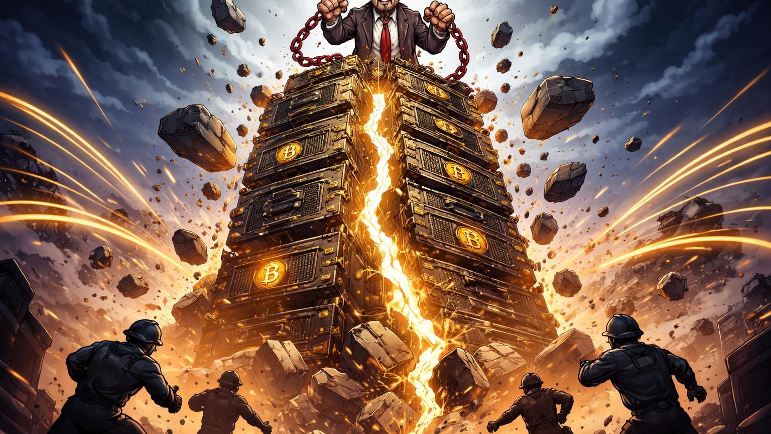 Torre de mineração colossal desmoronando com CEO cartoon algemado no topo, simbolizando falência da BitRiver e impacto no hashrate Bitcoin