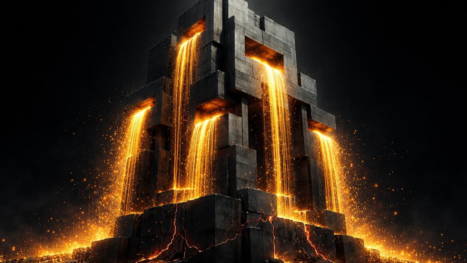 Torre brutalista digital expelindo fluxos dourados para o vazio negro, simbolizando saídas bilionárias de fundos cripto e ETFs