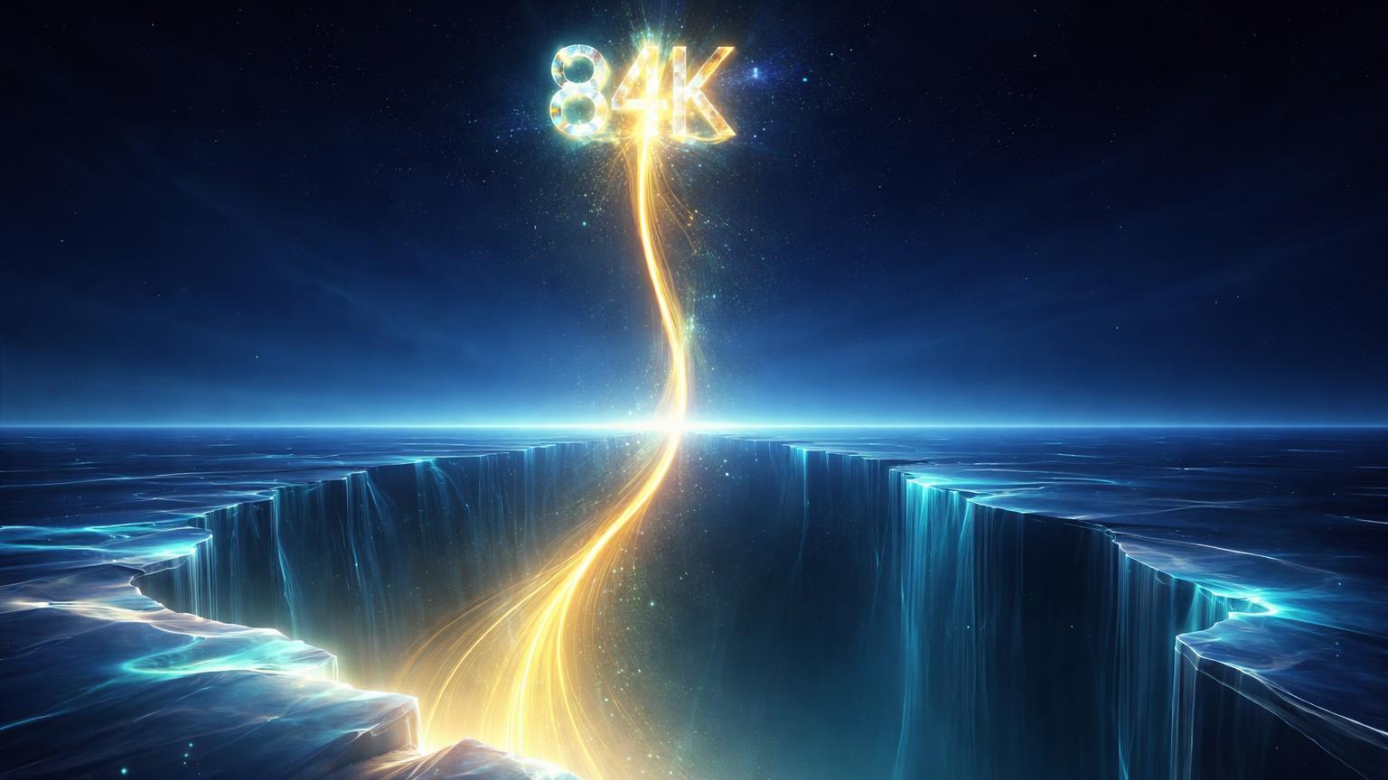 Fio dourado de luz atravessando abismo translúcido digital com '84K' cristalino no topo, simbolizando esperança de preenchimento do gap CME para Bitcoin