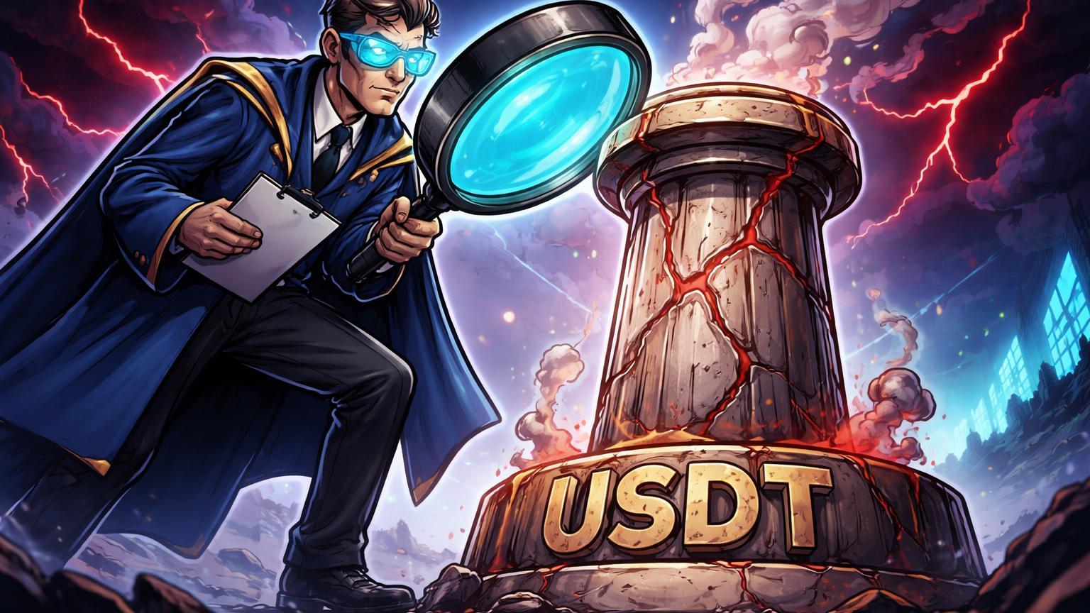 Regulador cartoon inspecionando stablecoin USDT rachada com lupa sob nuvens de sanções, simbolizando riscos e pressão regulatória