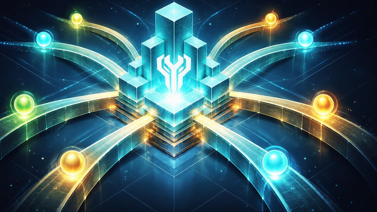 Hub isométrico translúcido com arcos ramificando para esferas luminosas de outcomes, simbolizando Outcome Trading no HIP-4 da Hyperliquid