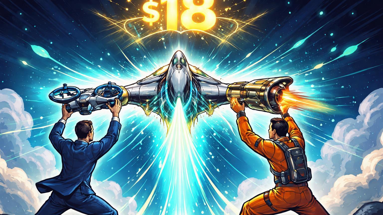 Executivos cartoon fundindo drone e propulção aeroespacial em aeronave ascendente rumo a alvo $18, simbolizando aquisição Ondas-Rotron e salto de ações