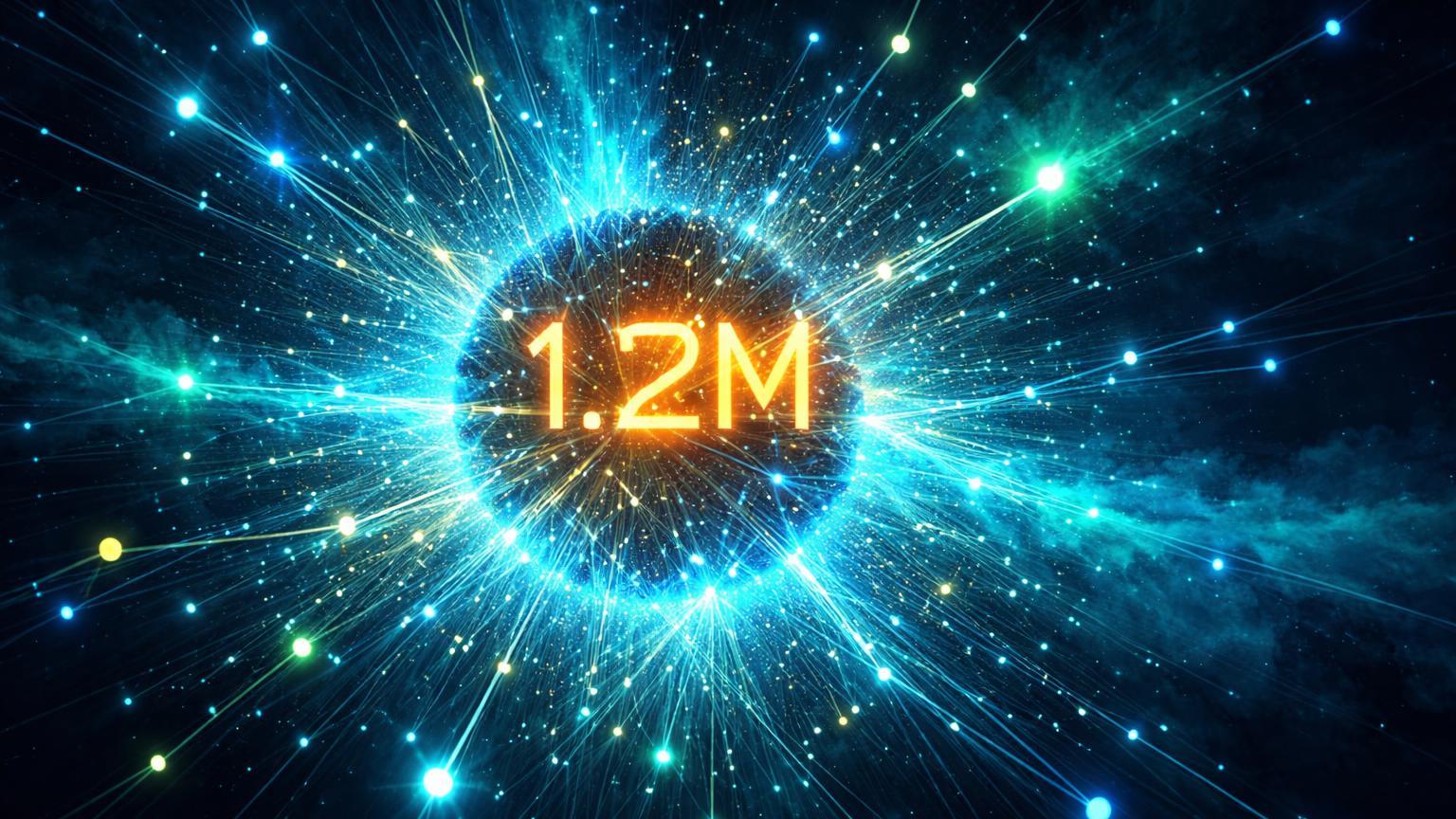 Núcleo cyan explodindo em rede de 1.2M nós luminosos conectados, simbolizando crescimento explosivo da Sei Network com USDY da Ondo