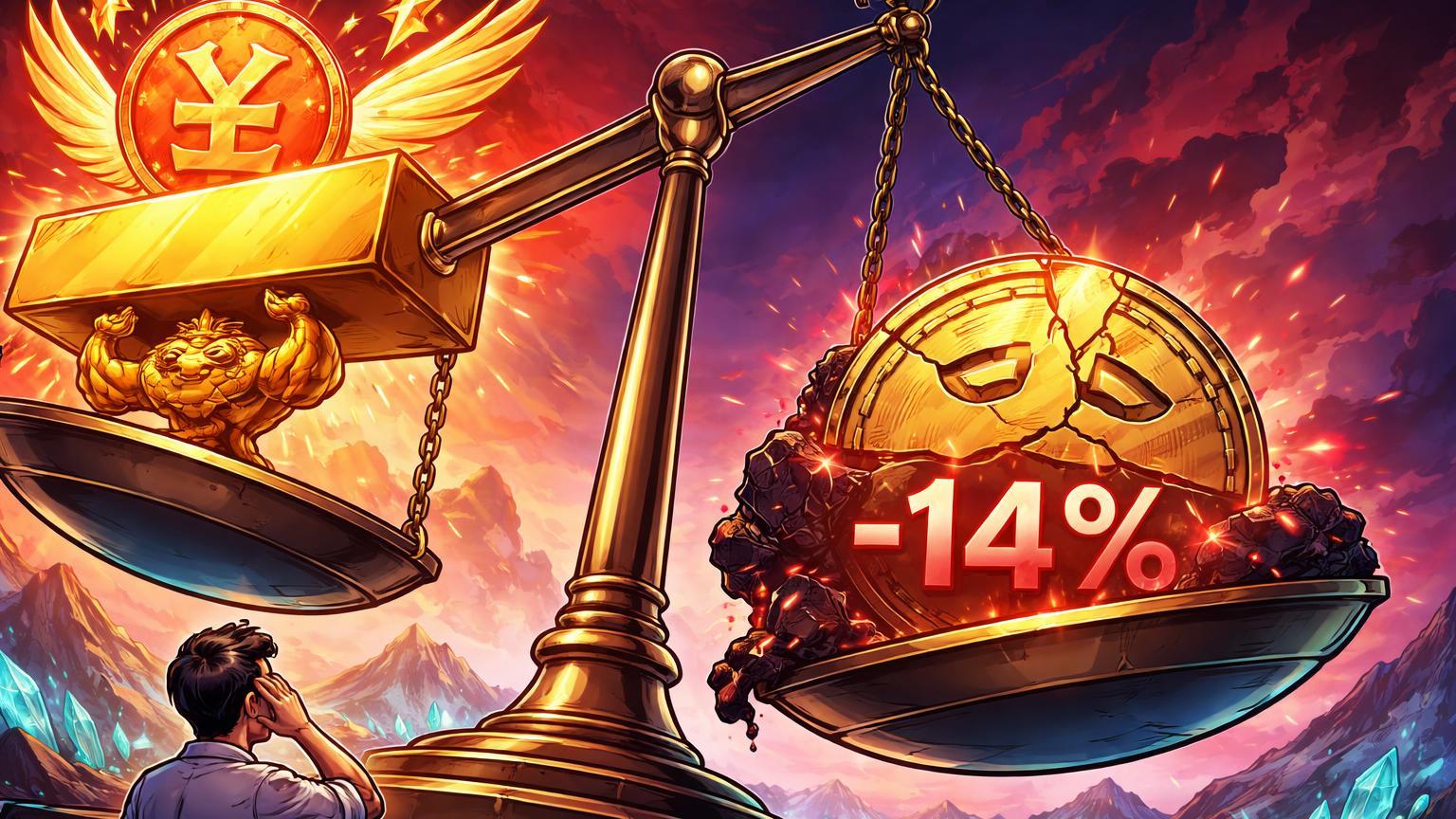 Balança desequilibrada com ouro e yuan cartoon superando Bitcoin rachado com -14%, simbolizando falha como porto seguro em tensões geopolíticas