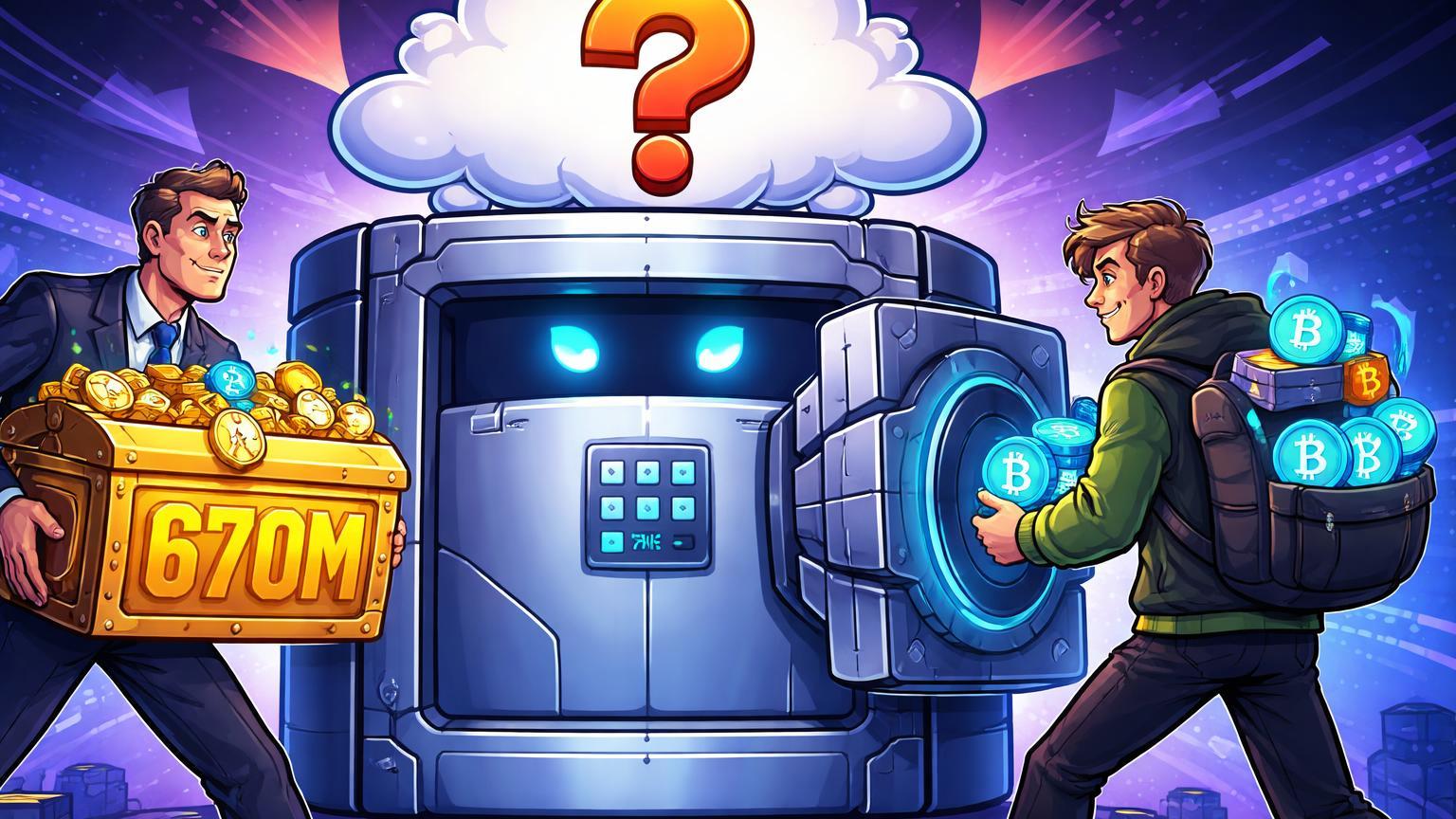 Personagens cartoon BlackRock e ARK entregando baús de cripto a cofre Coinbase com interrogação, simbolizando transferência de US$ 670 mi em BTC/ETH