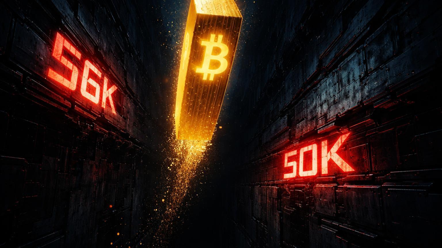 Monolito dourado do Bitcoin descendo abismo digital com marcos 56K e 50K vermelhos, simbolizando previsão de correção profunda