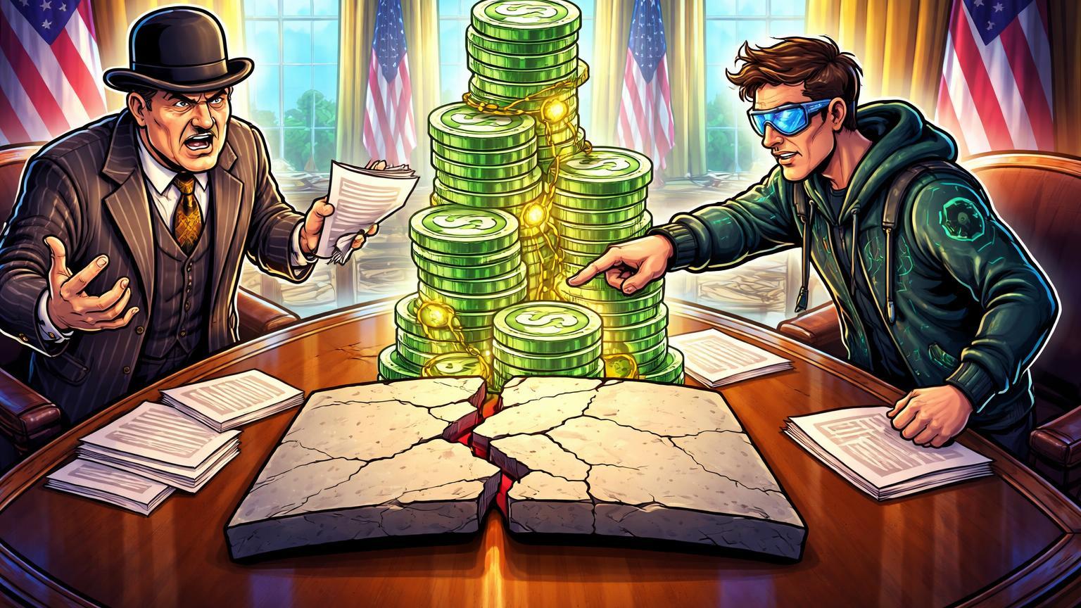 Personagens cartoon de banqueiro tradicional e representante cripto em impasse sobre stablecoins na Casa Branca, simbolizando divergência regulatória