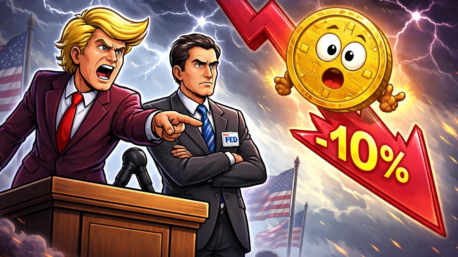 Personagens cartoon políticos anunciando nomeação ao Fed enquanto Bitcoin com olhos chocados despenca em seta -10%, ilustrando impacto de Trump e Warsh