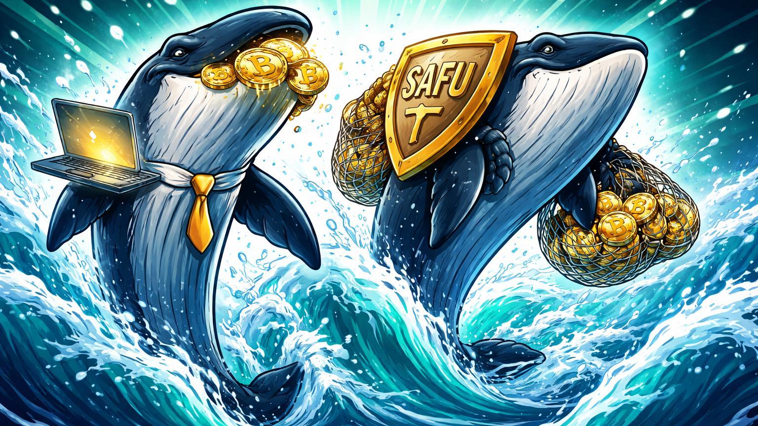 Baleias cartoon estilizadas representando Saylor e Binance emergindo de ondas turbulentas com BTC, simbolizando acumulação institucional no dip