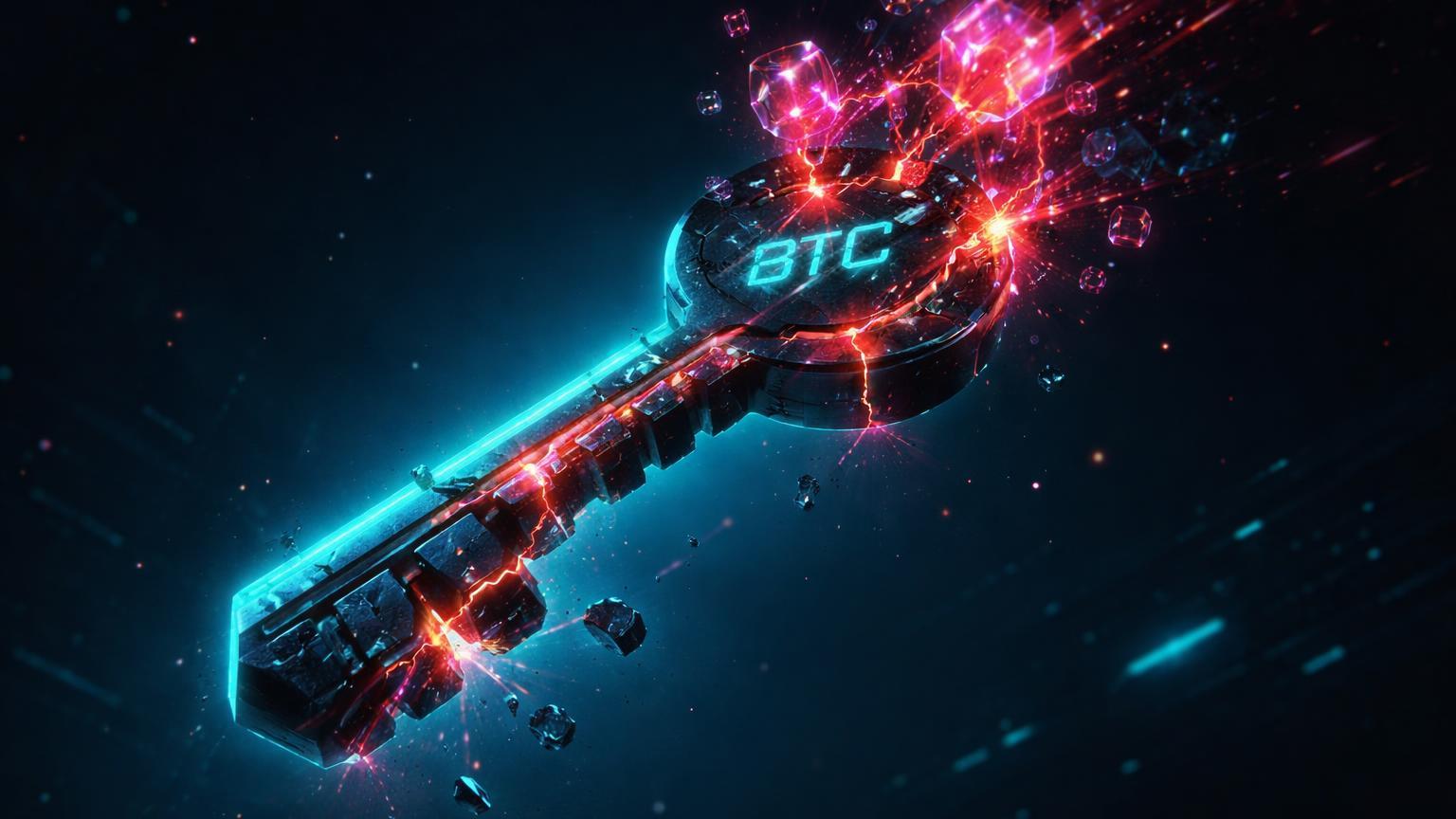 Chave criptográfica BTC corroida por partículas quânticas vermelhas pulsantes, simbolizando ameaça de computação quântica à segurança do Bitcoin