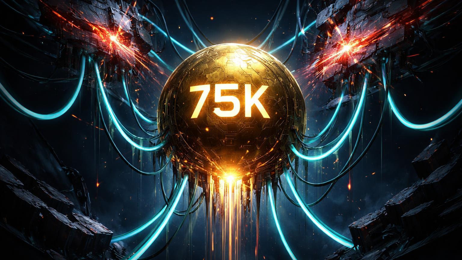 Núcleo dourado Bitcoin com 75K conectado por fios neon cyan a chips semicondutores rachados emitindo vermelho, ilustrando correlação com quedas em ações de tech