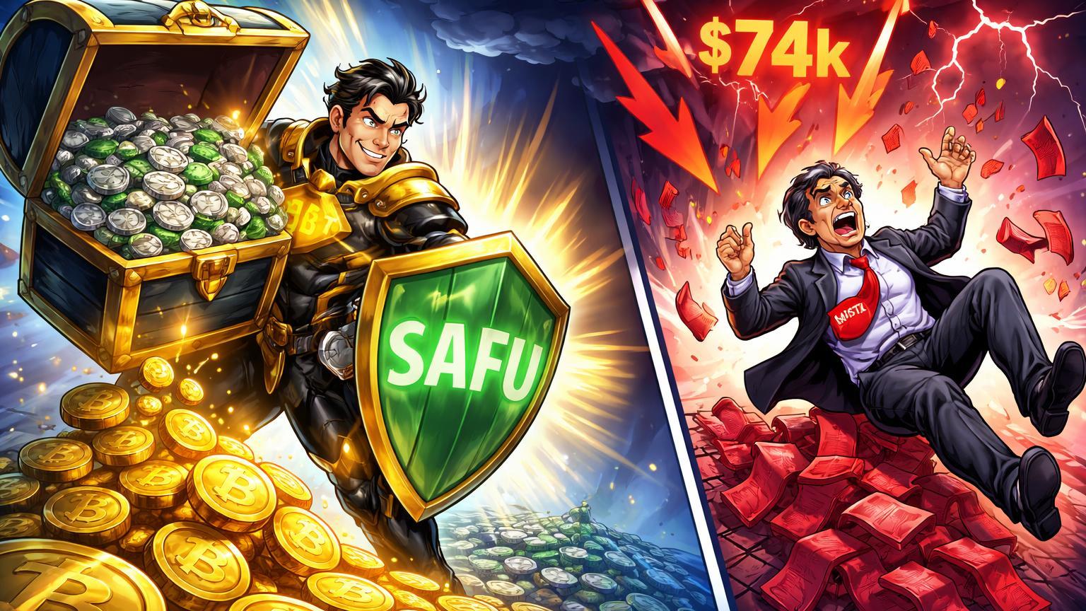Personagens cartoon da Binance convertendo fundo SAFU em pilha de BTC durante dip, contrastando com tropeço da MicroStrategy em ações caindo