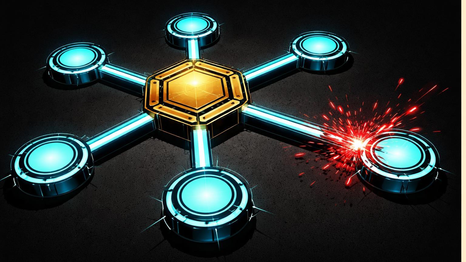 Estrutura hexagonal central com seis nos periféricos, um se desconectando em faíscas vermelhas, simbolizando delisting de tokens na Binance