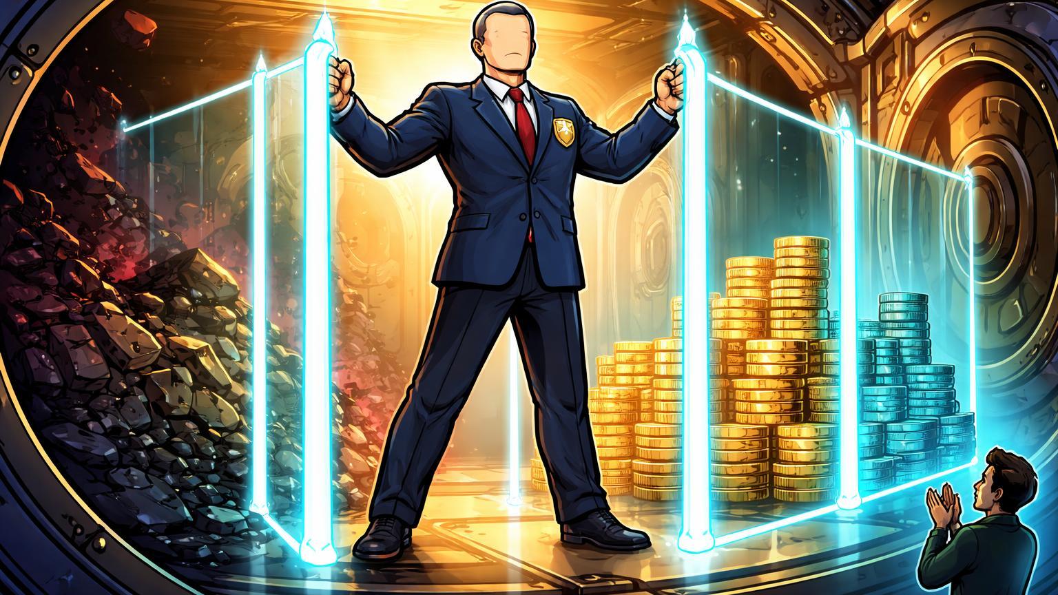 Regulador cartoon erguendo barreiras em cofre digital segregando fundos seguros, simbolizando novas regras de custódia no Canadá após QuadrigaCX
