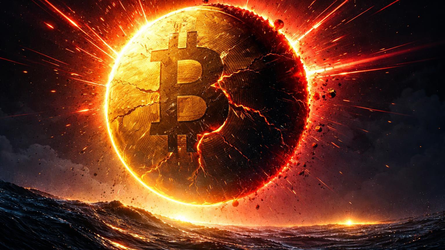 Sol dourado parcialmente eclipsado por disco vermelho flamejante sobre oceano digital, representando queda do Bitcoin por tensões nucleares Irã-EUA