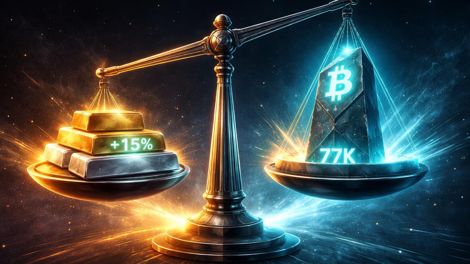 Balança cósmica com ouro e prata elevados (+15%) contrastando monolito Bitcoin em 77K, feixes ETF impulsionando rebound