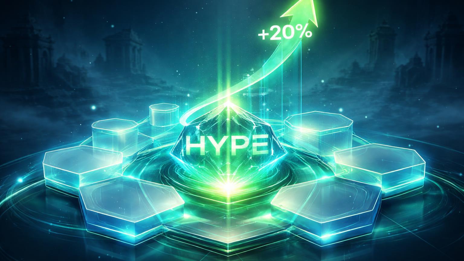 Plataforma glassmorphism DeFi com nucleo HYPE e seta +20% ascendentes, simbolizando HIP-4 de Hyperliquid revolucionando prediction markets