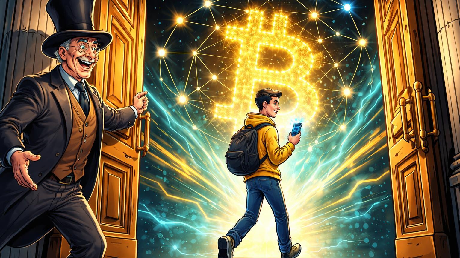 Banqueiro cartoon abrindo porta de banco para usuário tech entrar em rede Bitcoin luminosa, simbolizando liberação de cripto no app ING Alemanha