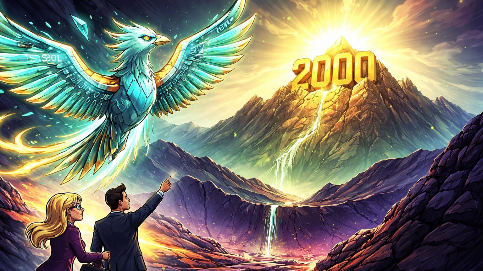 Fênix Solana cyan emergindo de vale sombrio rumo a pico dourado com 2000, guiada por analistas cartoon otimistas como Cathie Wood